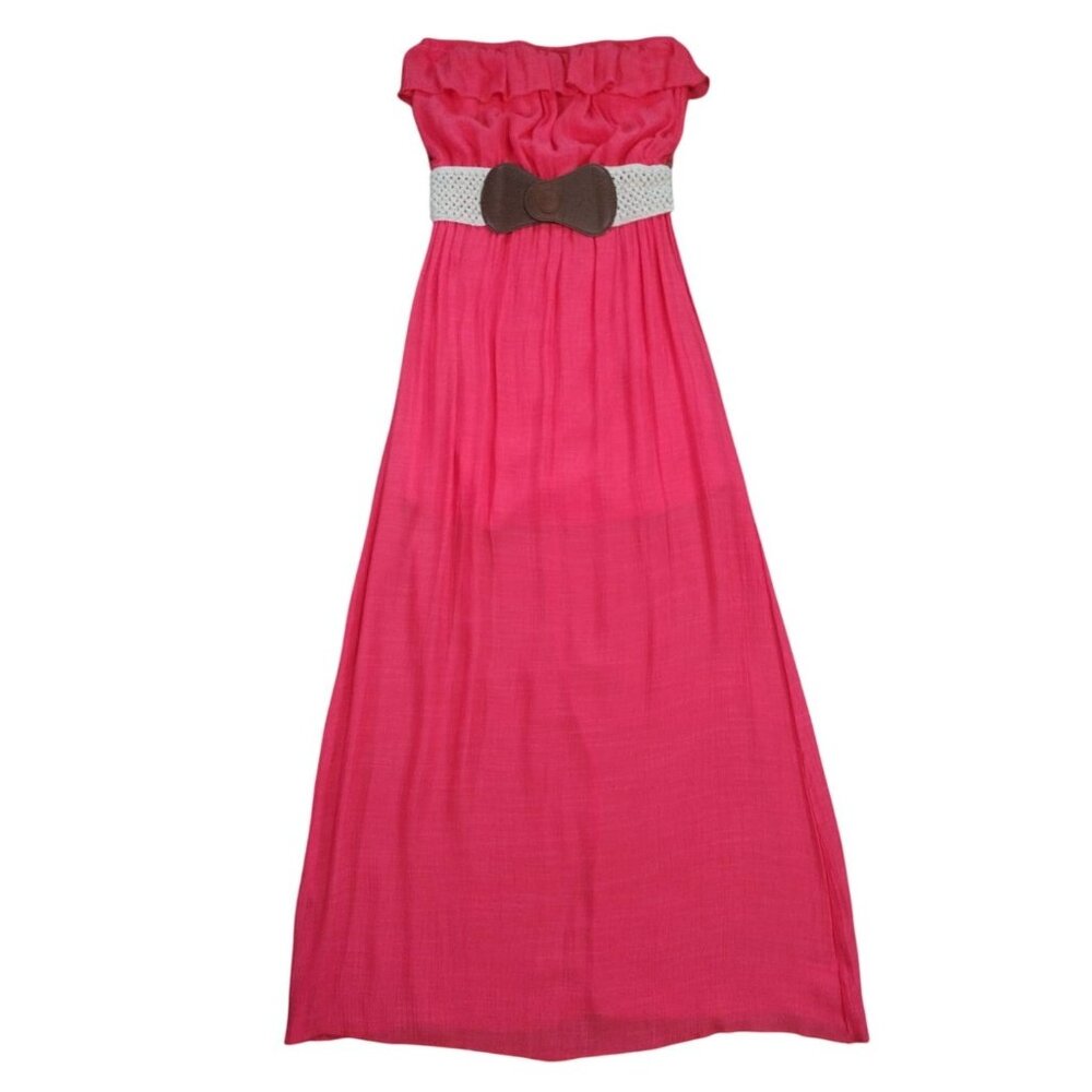 Trixxi Pink Strapless Maxi Dress Ruffle Top Crochet Belt Summer Size L.
